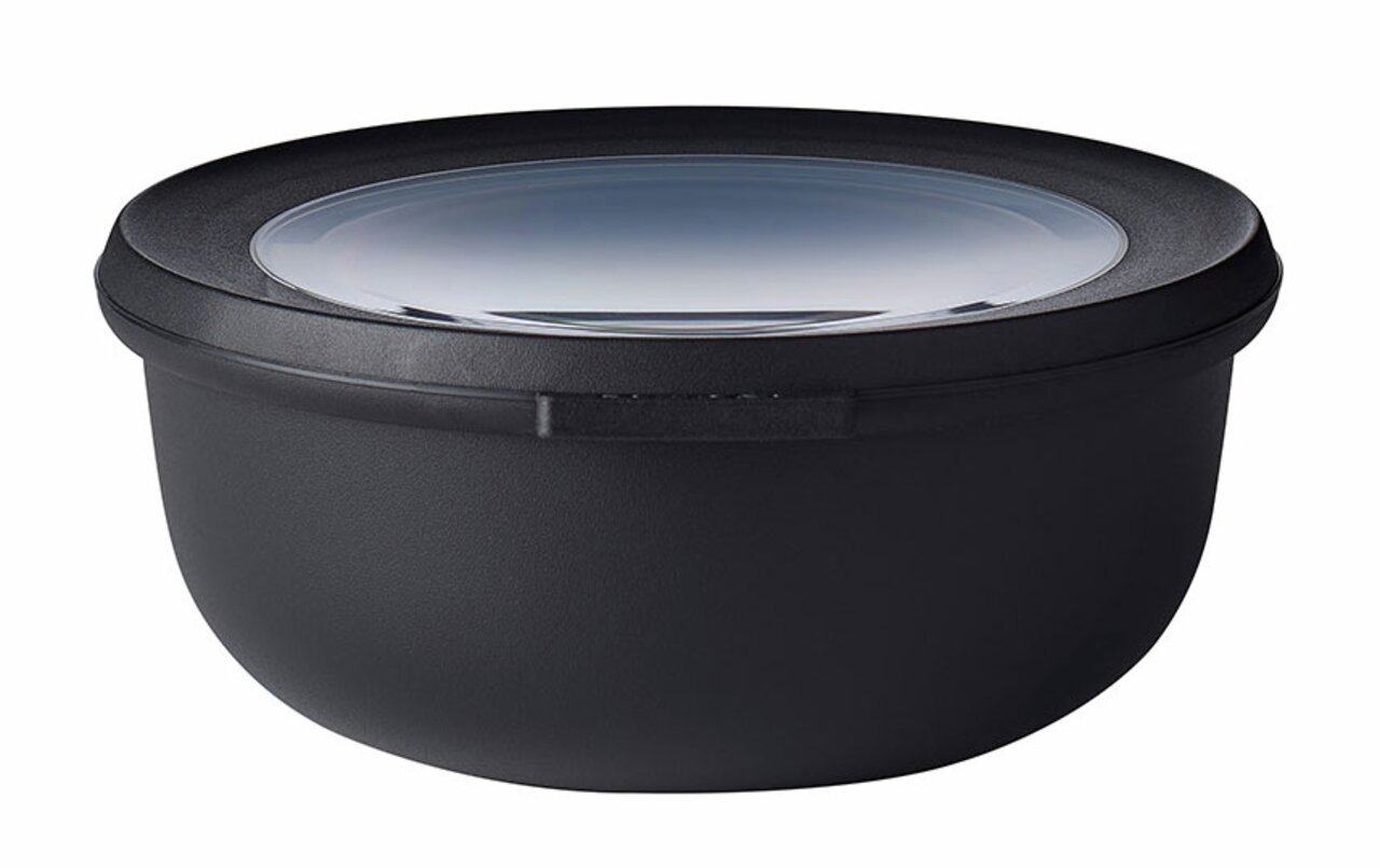 Schwarze Multischüssel Cirqula 750 ml mit transparentem Deckel, seitliche Perspektive