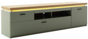 Modernes TV-Lowboard in mattem Olivgrün mit Holzplatte, warmem LED-Lichtstreifen und offenen Fächern sowie Schublade und Türen, Ansicht schräg von vorne.