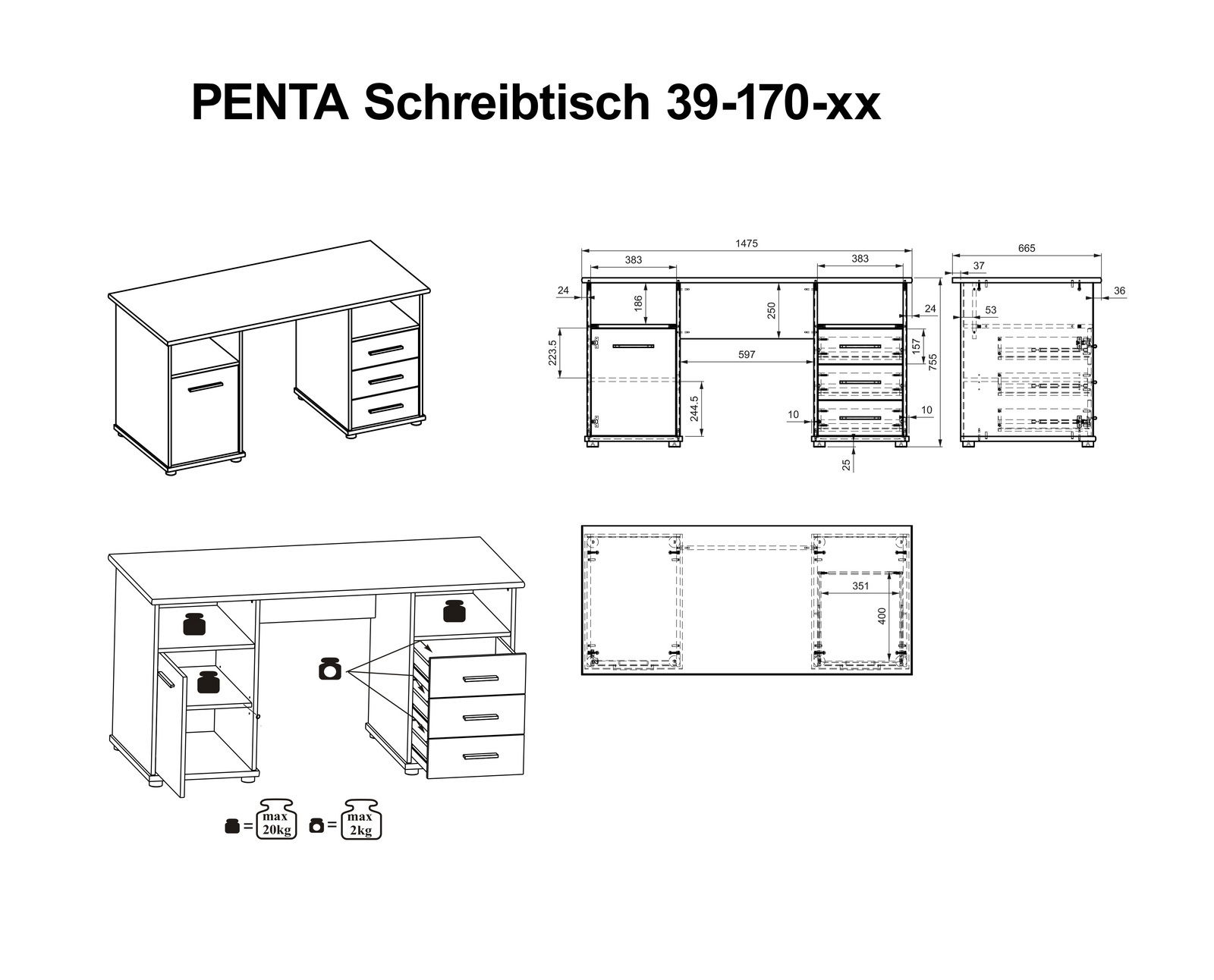 Schreibtisch PENTA 39-170-xx mit drei Schubladen und einem Schrank, Frontansicht und technische Zeichnungen