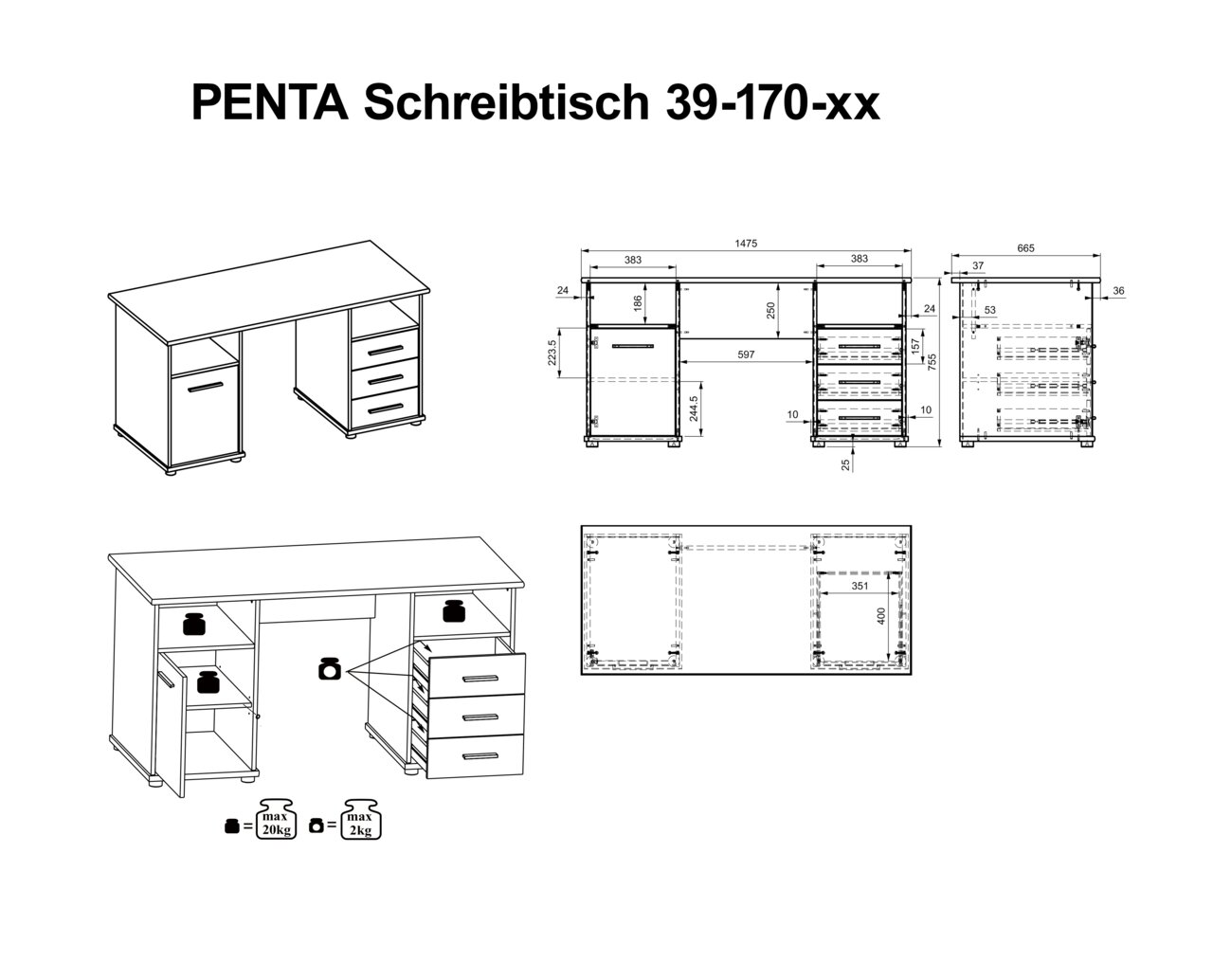 Schreibtisch PENTA 39-170-xx mit drei Schubladen und einem Schrank, Frontansicht und technische Zeichnungen