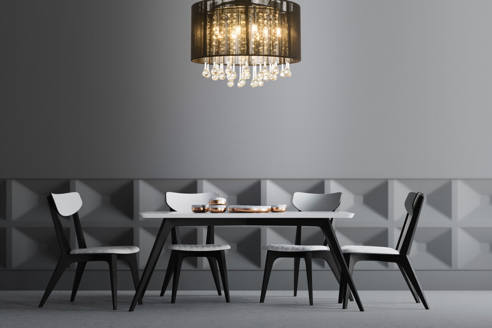 Globo Lighting LED-Deckenleuchte BAGANA Moderne LED-Deckenleuchte mit hängenden Kristallen, Perspektive von unten, über einem Esstisch mit vier Stühlen in einem stilvollen Raum.