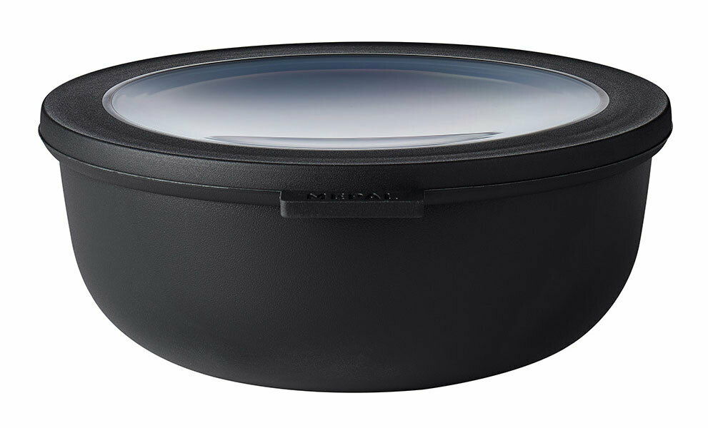 Schwarze Multischüssel Cirqula 1250 ml mit transparentem Deckel, seitliche Perspektive