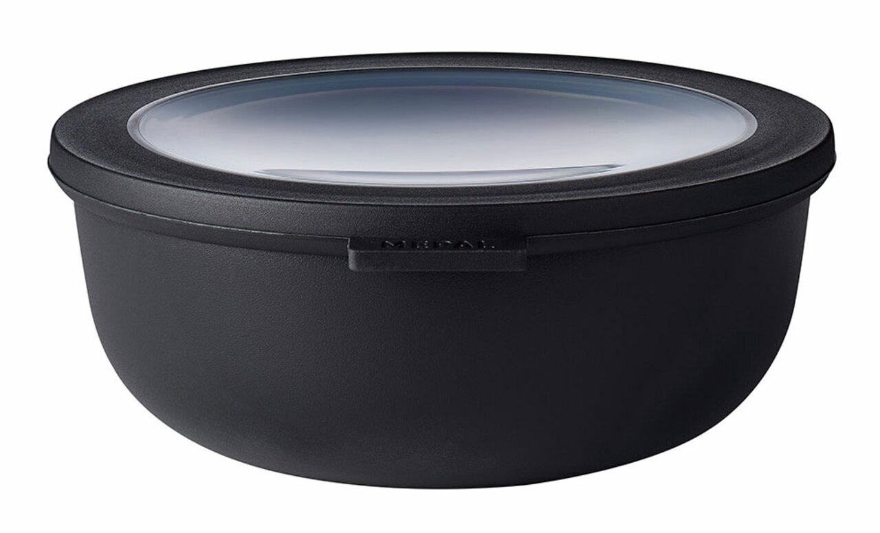 Schwarze Multischüssel Cirqula 1250 ml mit transparentem Deckel, seitliche Perspektive