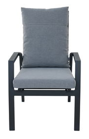 Frontansicht eines Comfort Plus Stapelsessels mit grauem Kissen und schwarzem Rahmen.