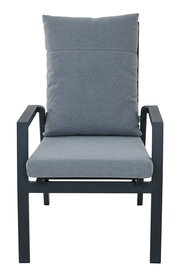 Frontansicht eines Comfort Plus Stapelsessels mit grauem Kissen und schwarzem Rahmen.