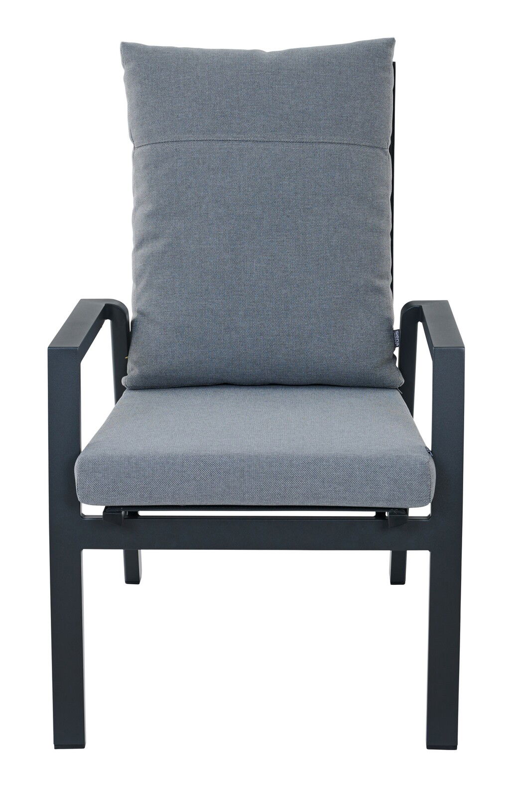 Frontansicht eines Comfort Plus Stapelsessels mit grauem Kissen und schwarzem Rahmen.