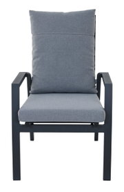 Vooraanzicht van een Comfort Plus-stapelstoel met grijs kussen en zwart frame.