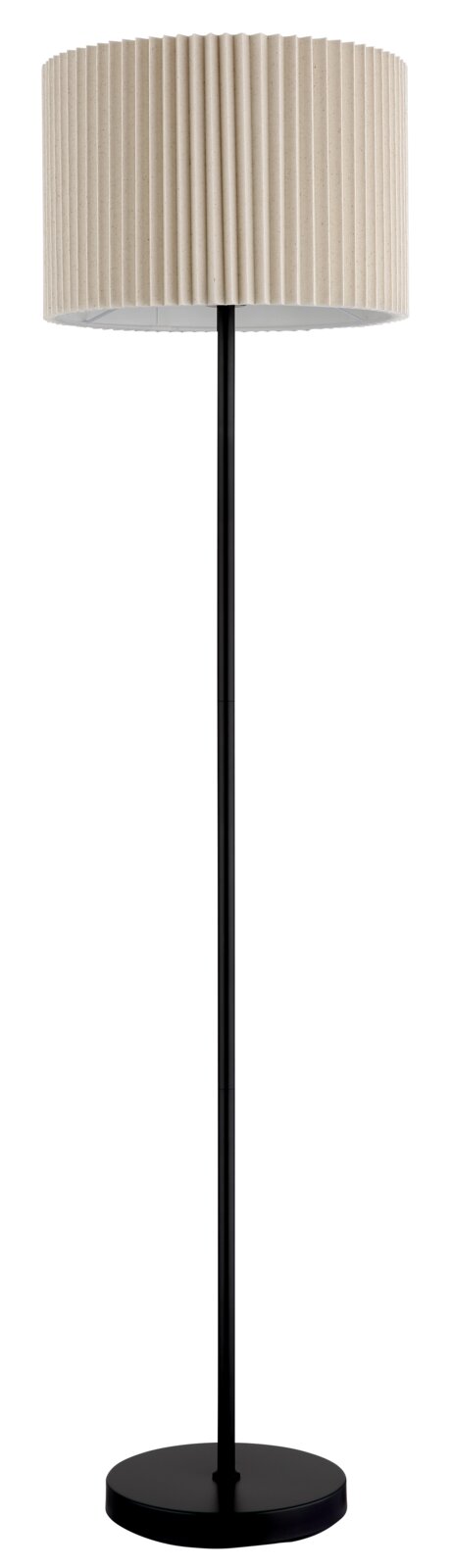 Stehleuchte mit schwarzem Standfuß und beigem, plissiertem Lampenschirm, frontal abgebildet.