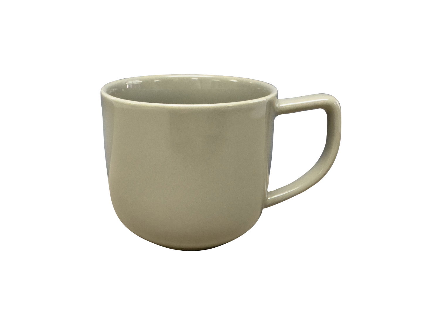 Beige Kaffeetasse mit Henkel, seitliche Perspektive