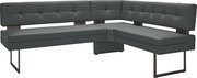 Eckbank in dunklem Leder mit moderner Metallbasis, seitliche Perspektive