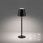 Schwarze Akku-Tischleuchte EURIA mit konischem Schirm, frontal abgebildet, auf einem Tisch stehend. Symbole für USB, IP54, Touch, Akku, LED und Memory sind sichtbar.