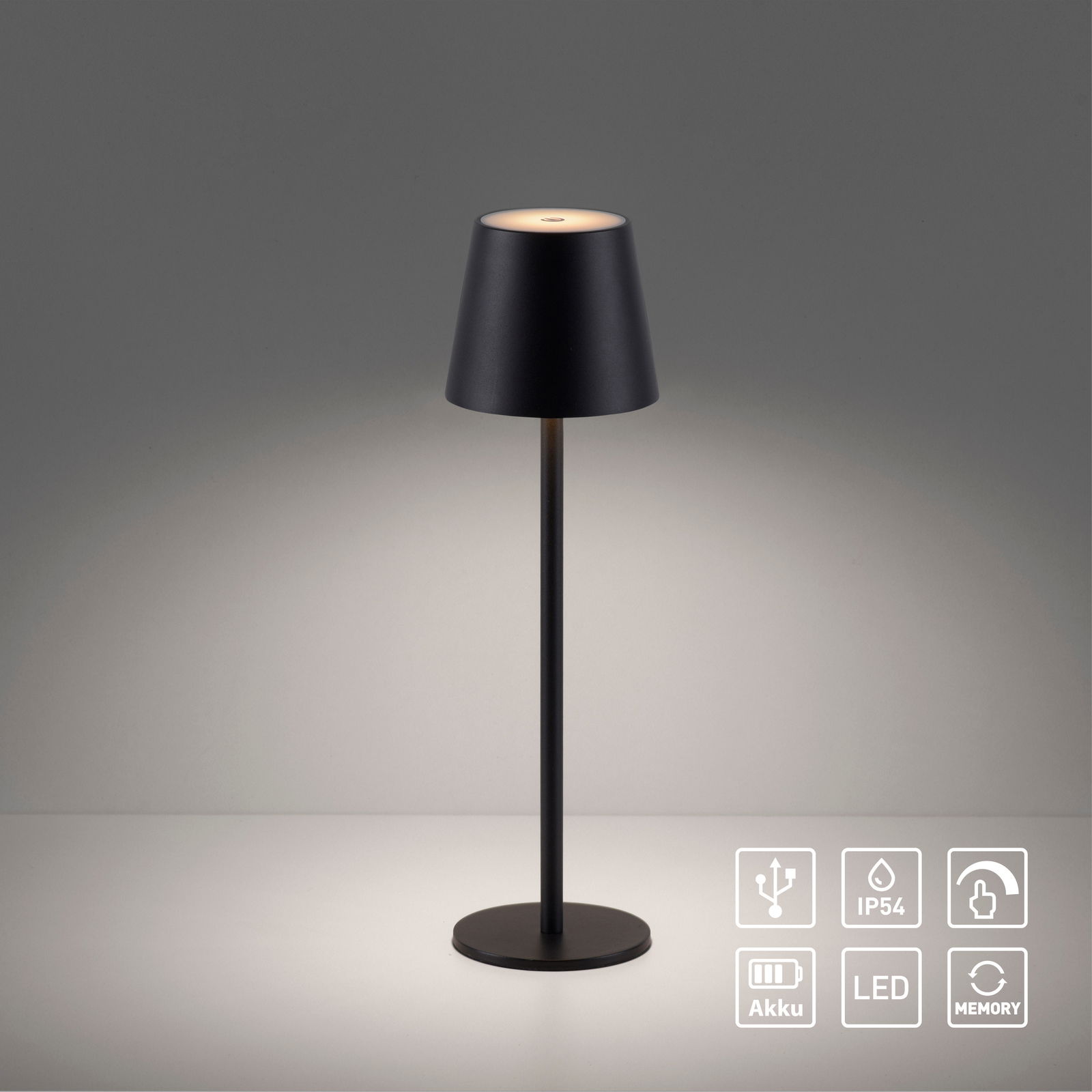 Schwarze Akku-Tischleuchte EURIA mit konischem Schirm, frontal abgebildet, auf einem Tisch stehend. Symbole für USB, IP54, Touch, Akku, LED und Memory sind sichtbar.