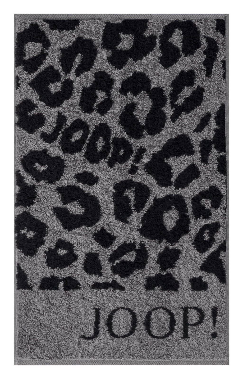 JOOP! Gästetuch LEO Gästetuch mit grauem Leopardenmuster und dem Schriftzug 'JOOP!' in der Mitte, aus der Vogelperspektive fotografiert.