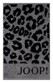 Gästetuch mit grauem Leopardenmuster und dem Schriftzug 'JOOP!' in der Mitte, aus der Vogelperspektive fotografiert.