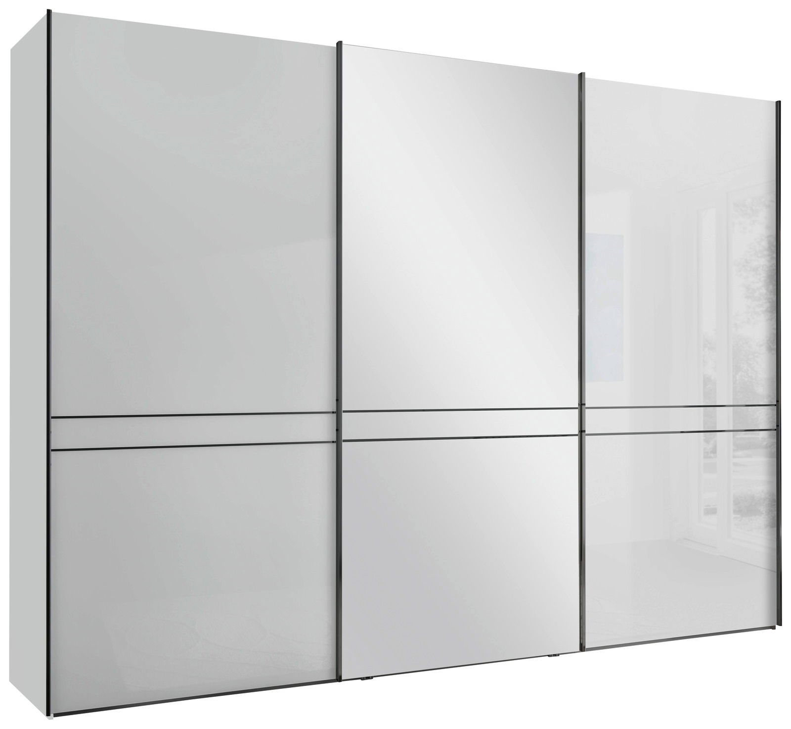 Moderner dreitüriger Schwebetürenschrank mit Spiegel in Frontalansicht