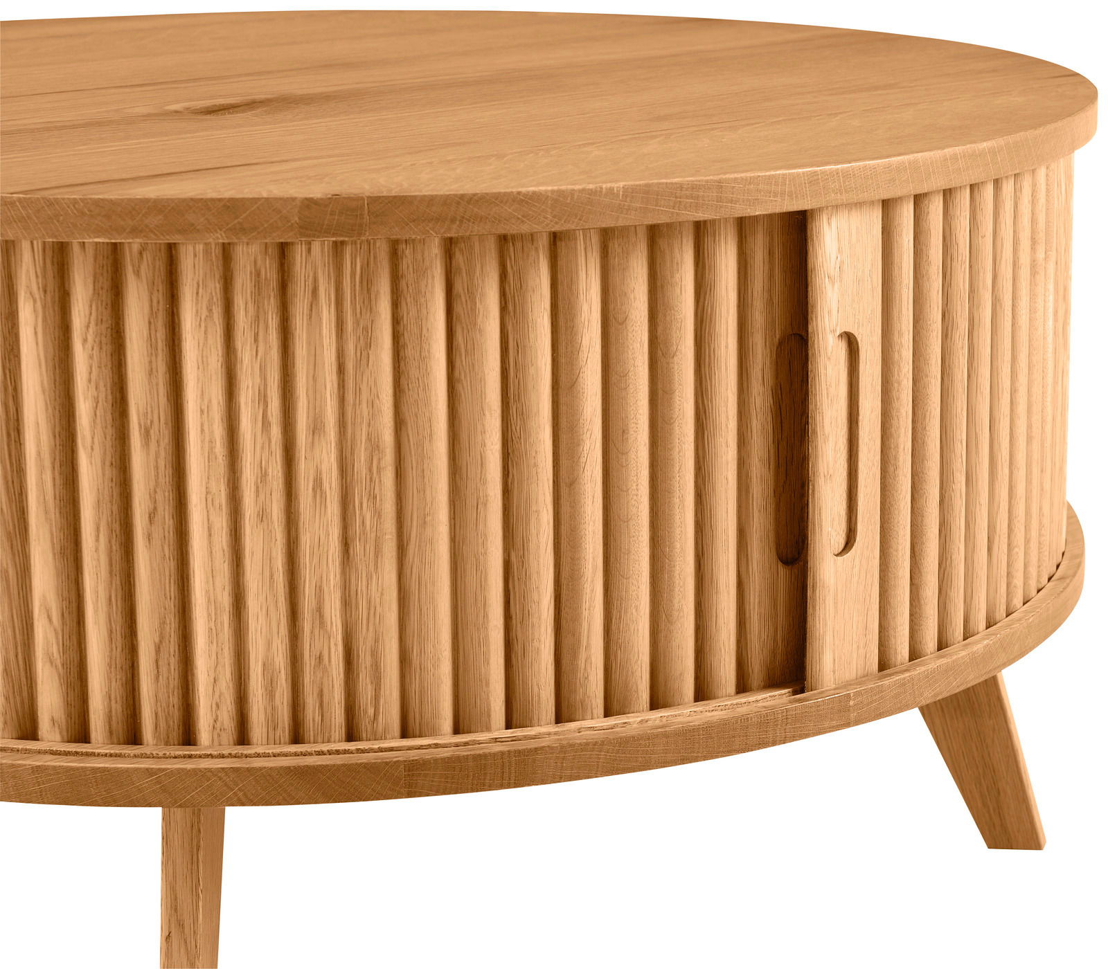 Runder Couchtisch aus Holz mit geriffelter Oberfläche und Schiebetür, seitliche Perspektive