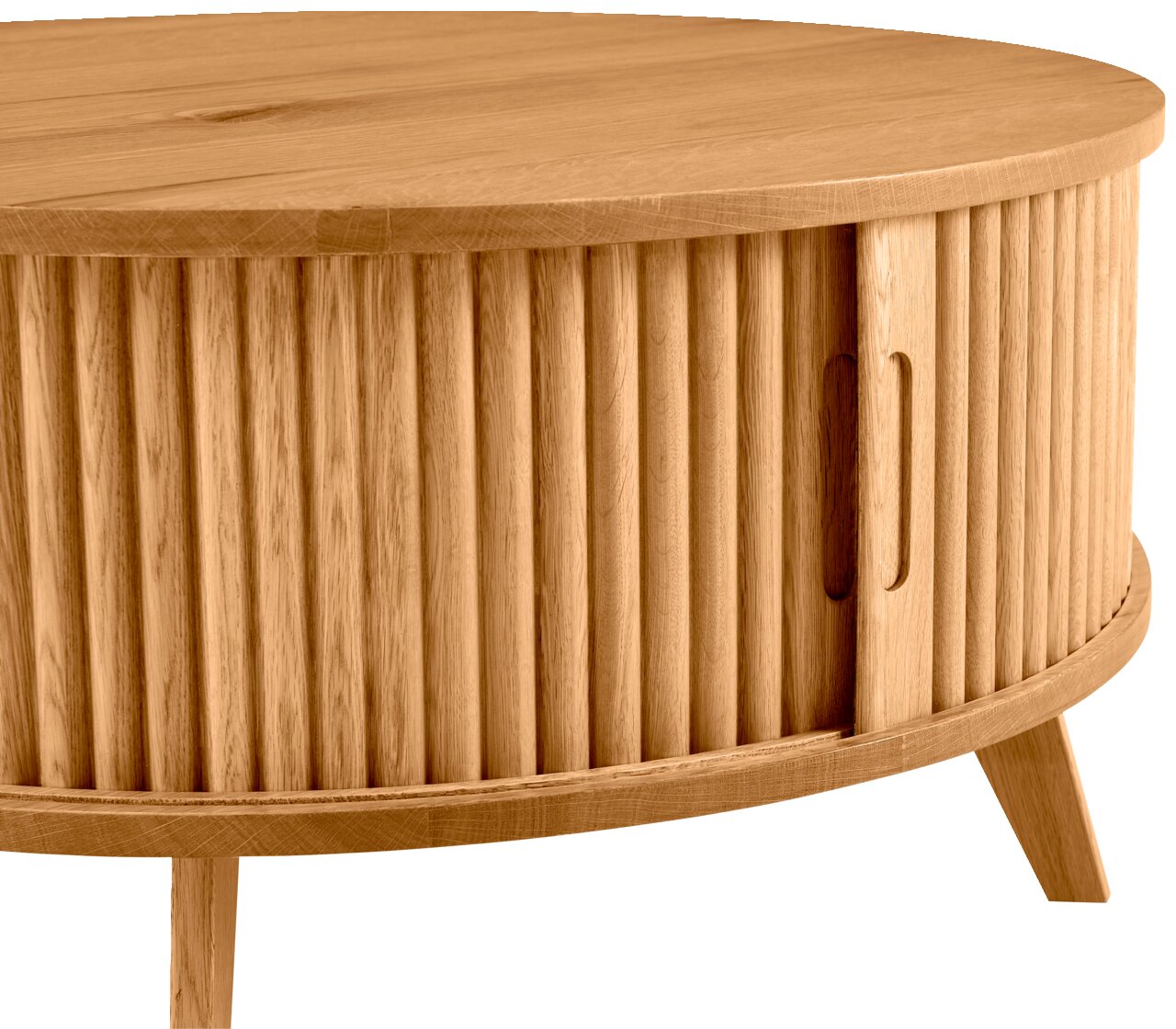 Runder Couchtisch aus Holz mit geriffelter Oberfläche und Schiebetür, seitliche Perspektive