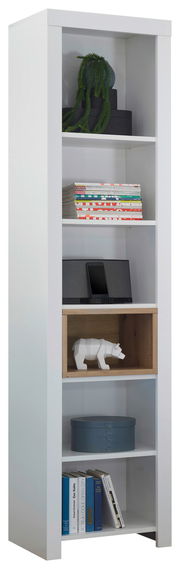 Weißes Standregal mit mehreren Fächern, gefüllt mit Büchern, Dekorationen und einer Pflanze, seitliche Perspektive