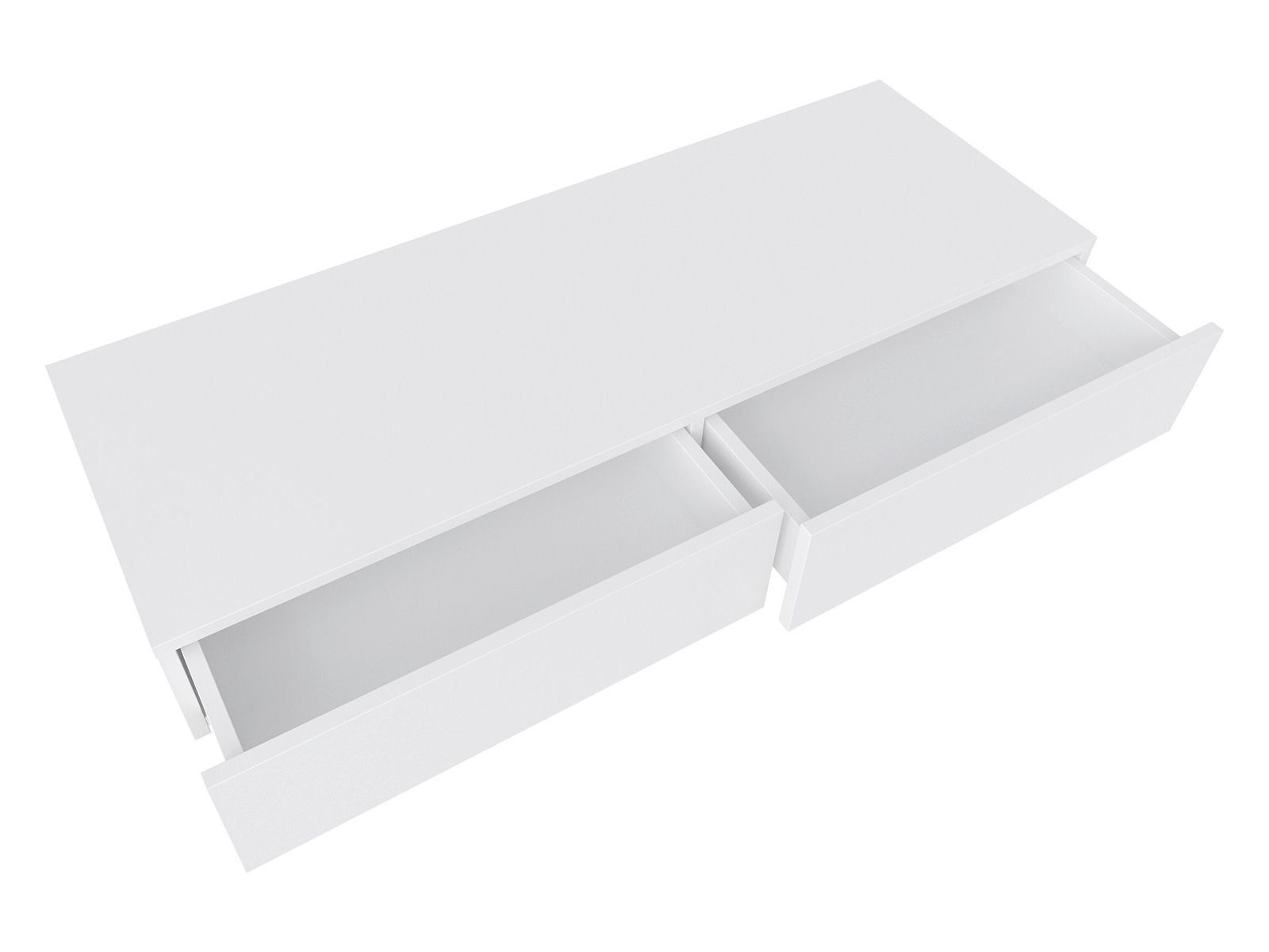 Weiße Wandkonsole mit zwei offenen Schubladen, Ansicht von oben