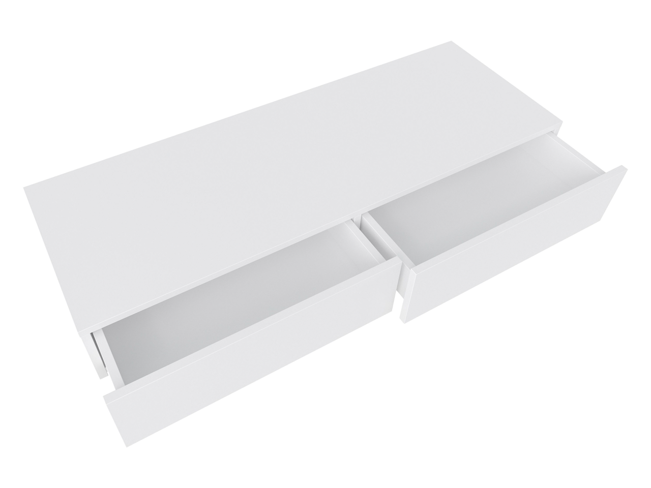 Weiße Wandkonsole mit zwei offenen Schubladen, Ansicht von oben