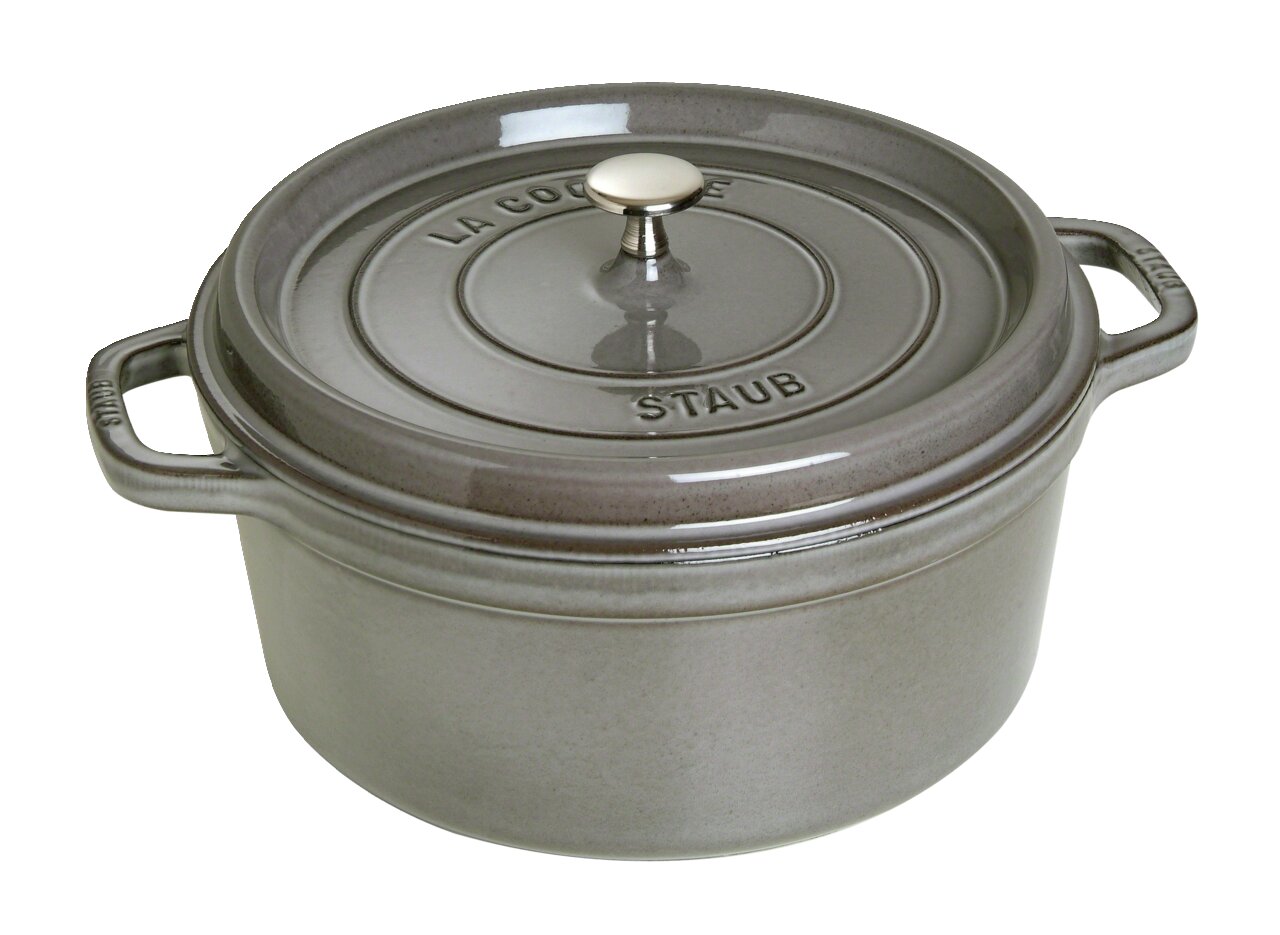 Grauer runder Bräter Cocotte 28cm mit Deckel und seitlichen Griffen, Ansicht von schräg oben.