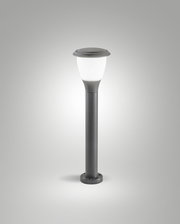 Pollerleuchte aus Metall mit rundem, opalem Leuchtkörper, seitliche Perspektive