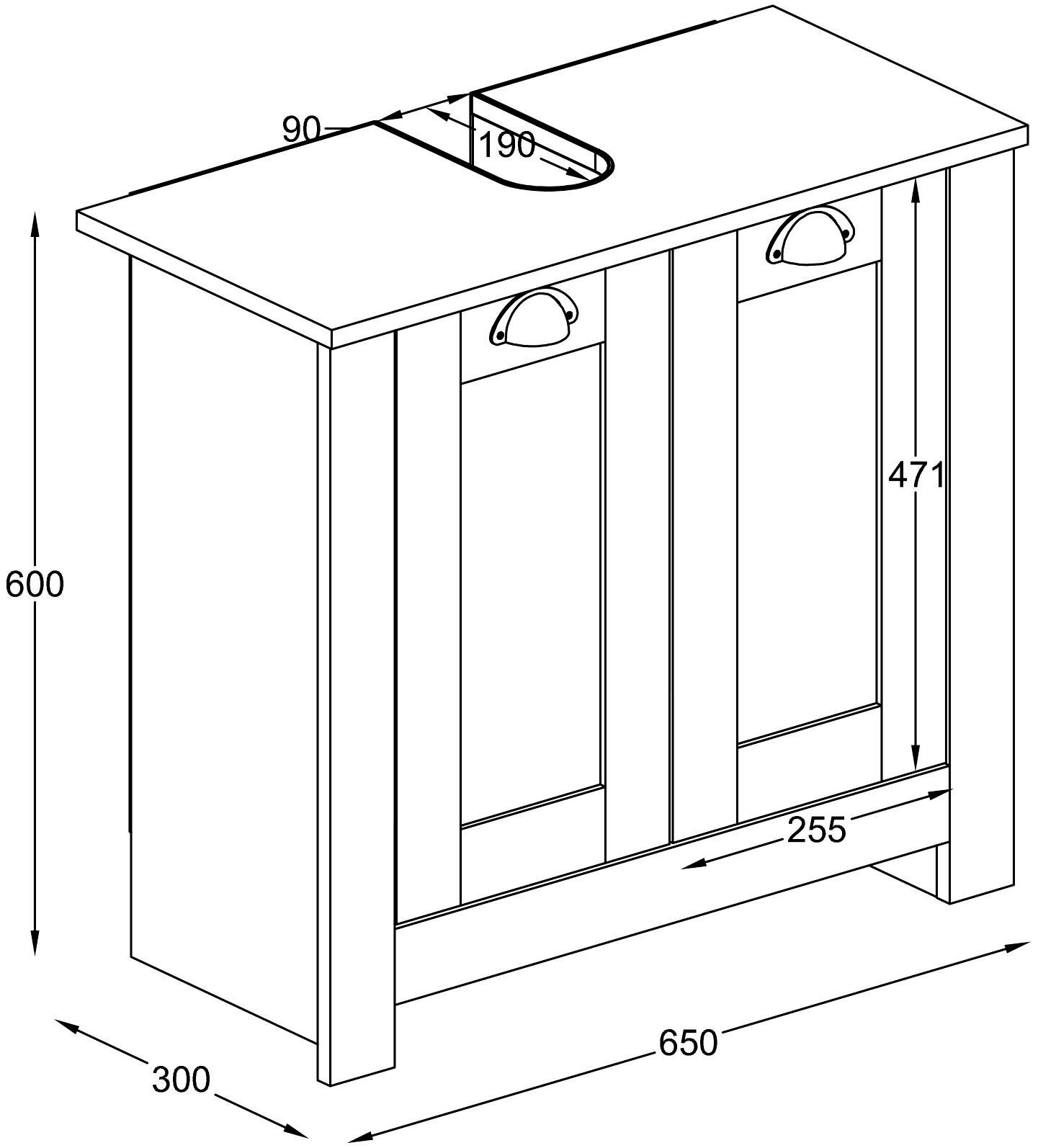 Technische Strichzeichnung eines kleinen Schranks/Unterschranks mit zwei Fronten und Griffen sowie Aussparung in der Deckplatte, mit Maßangaben (ca. 650×300×600 mm), dargestellt in schräger Vorderansicht von oben.