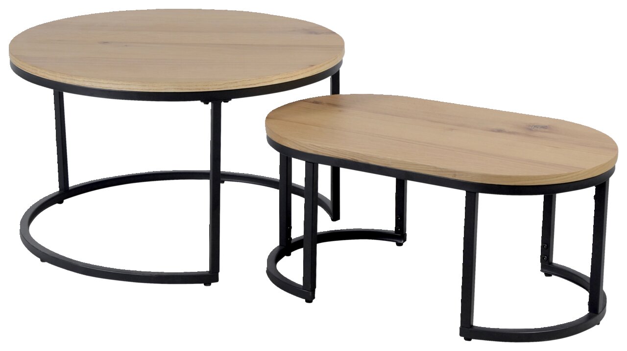 Zweiteiliges Couchtisch-Set mit runden und ovalen Tischplatten aus Holz und schwarzen Metallgestellen, seitliche Perspektive