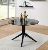 Runder Esstisch mit schwarzer Glasplatte und modernem Design, seitliche Perspektive