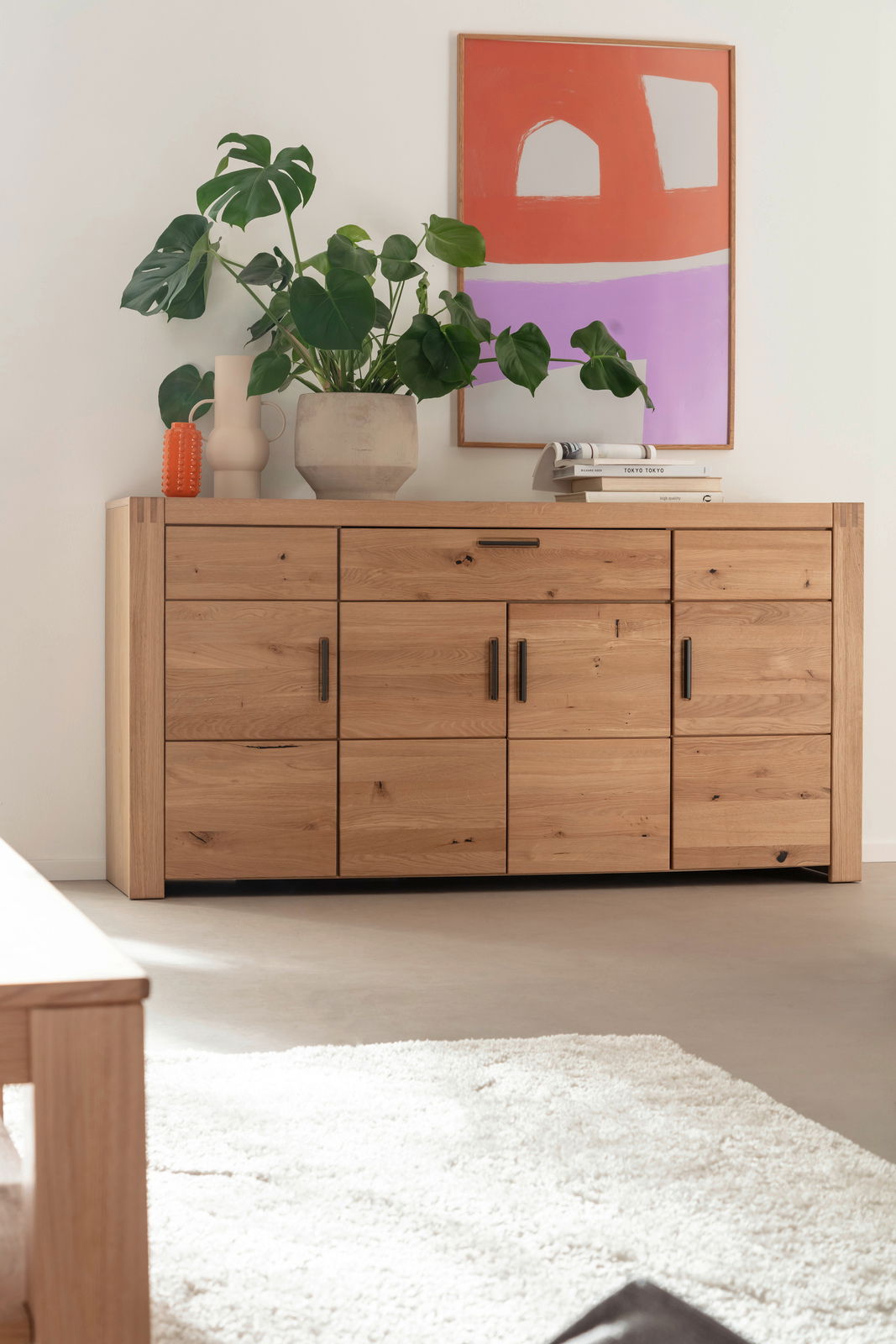 Holz-Sideboard mit mehreren Schubladen und Türen, dekoriert mit Pflanzen und Büchern, aus seitlicher Perspektive fotografiert.