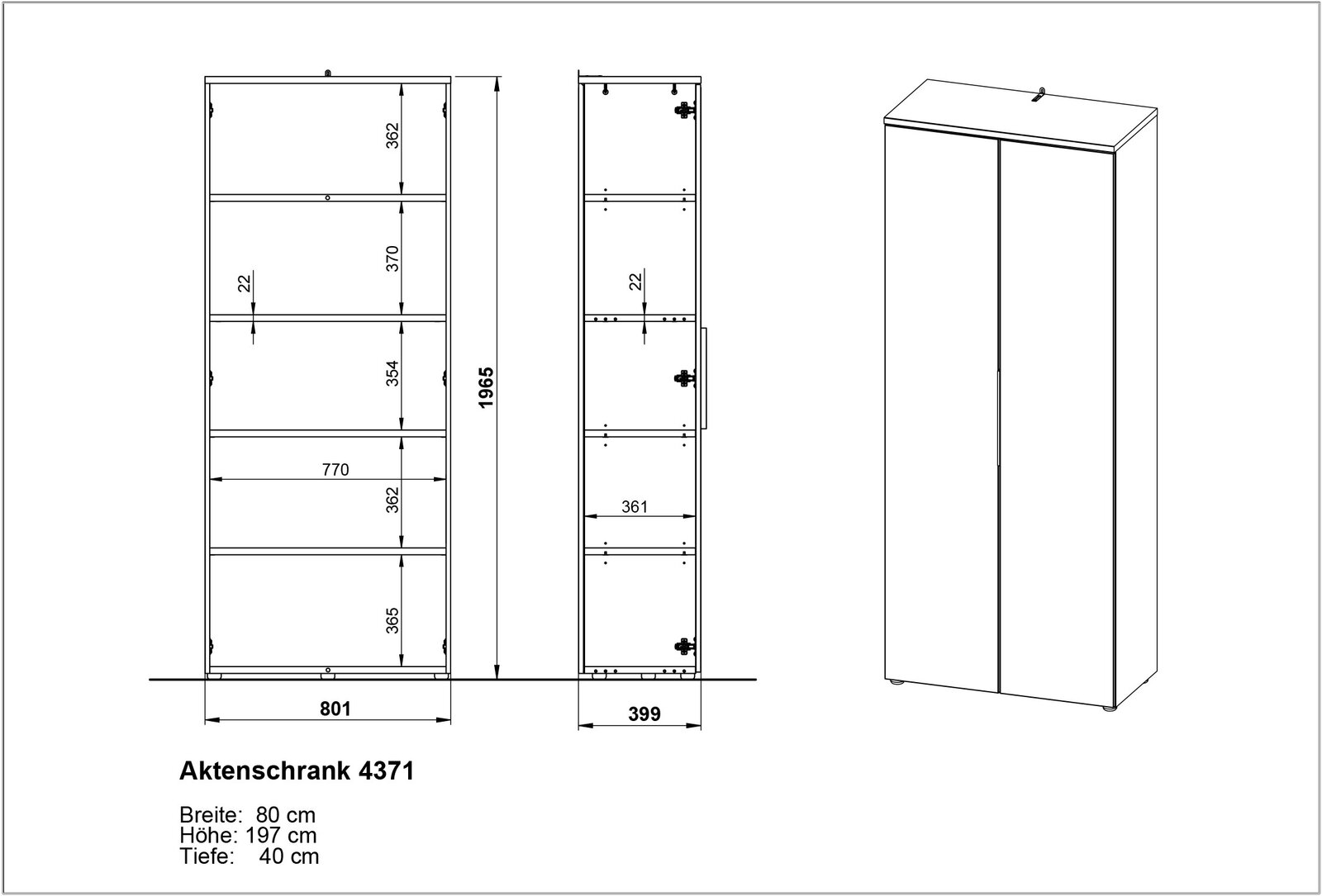 Technische Zeichnung eines Aktenschranks mit den Maßen: Breite 80 cm, Höhe 197 cm, Tiefe 40 cm. Frontale und seitliche Ansicht sowie perspektivische Darstellung.