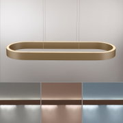 Ovaler LED-Pendelleuchten-Ring in Goldoptik, frontal in leichter Untersicht an dünnen Seilen vor hellem Hintergrund, unten Farbauswahl in Silber, Roségold und Blau
