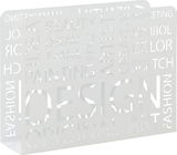 Moderner Zeitungsständer aus Metall mit ausgestanzten Wörtern wie 'DESIGN' und 'ART', seitliche Perspektive.