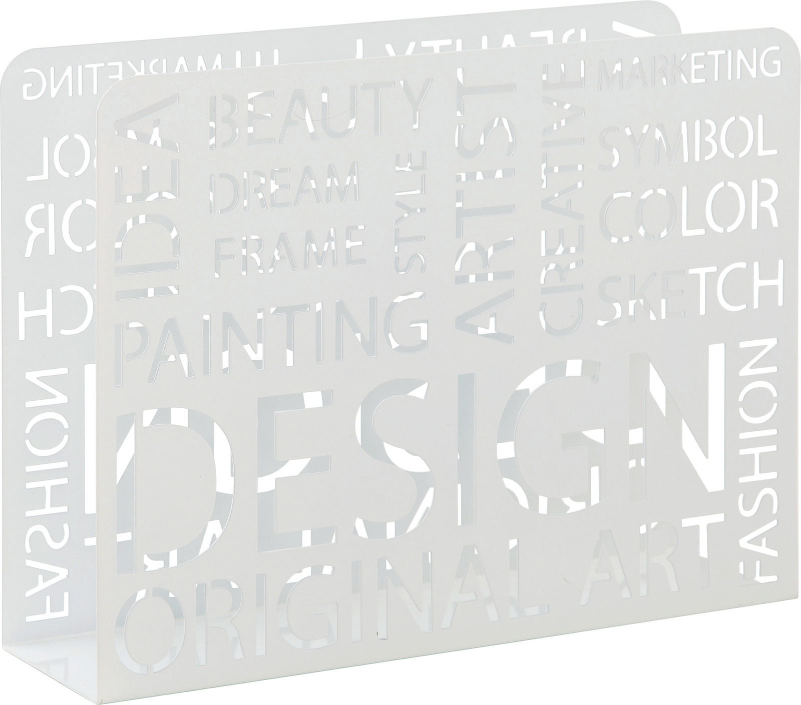 Moderner Zeitungsständer aus Metall mit ausgestanzten Wörtern wie 'DESIGN' und 'ART', seitliche Perspektive.