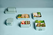 Mehrere Bento-Lunchboxen in verschiedenen Größen, gefüllt mit Sandwiches, Gemüse und Obst, aus der Vogelperspektive fotografiert.
