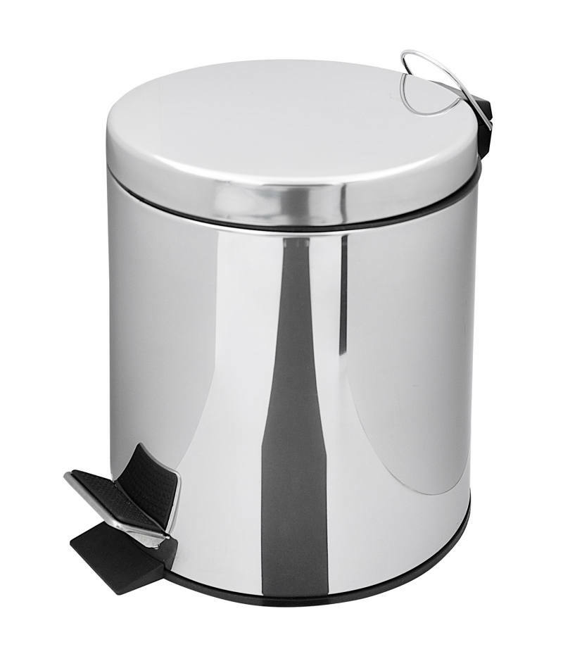 Chromfarbener Abfalleimer aus Edelstahl mit einem Fassungsvermögen von 3 Litern, seitliche Ansicht mit Fußpedal.