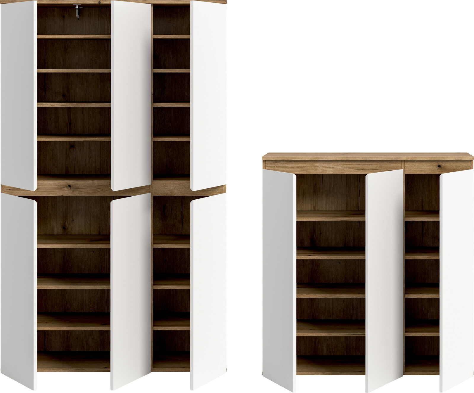 Offenes Sideboard/Schrank in Eiche-Optik mit weißen Türen und mehreren Regalböden, Frontansicht leicht schräg von vorn