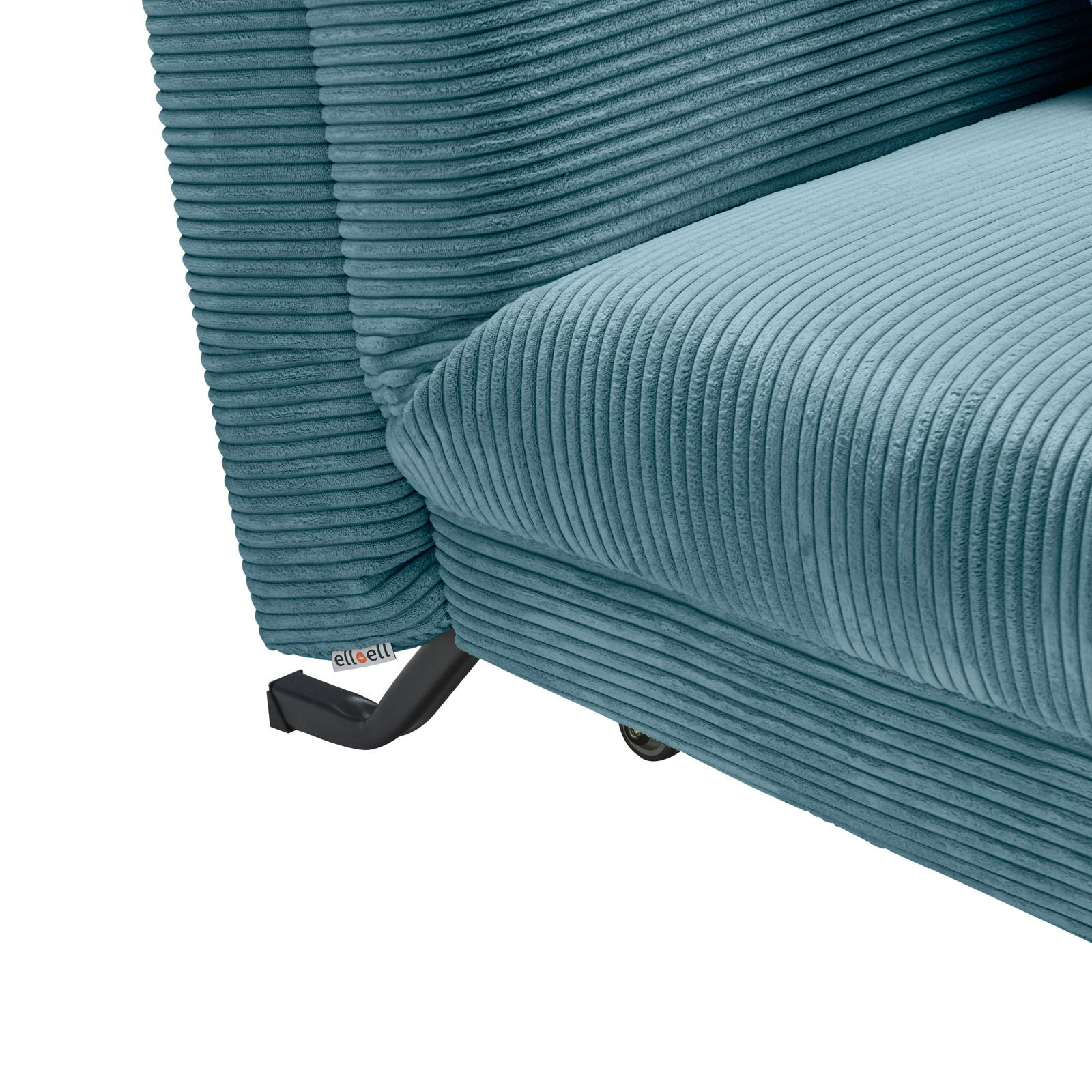 Nahaufnahme eines türkisfarbenen Funktionssofas mit geripptem Stoffbezug und schwarzem Metallfuß, seitliche Perspektive