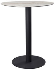 Moderner Bartisch mit runder, heller Tischplatte und schwarzem, schlankem Standfuß, seitliche Perspektive
