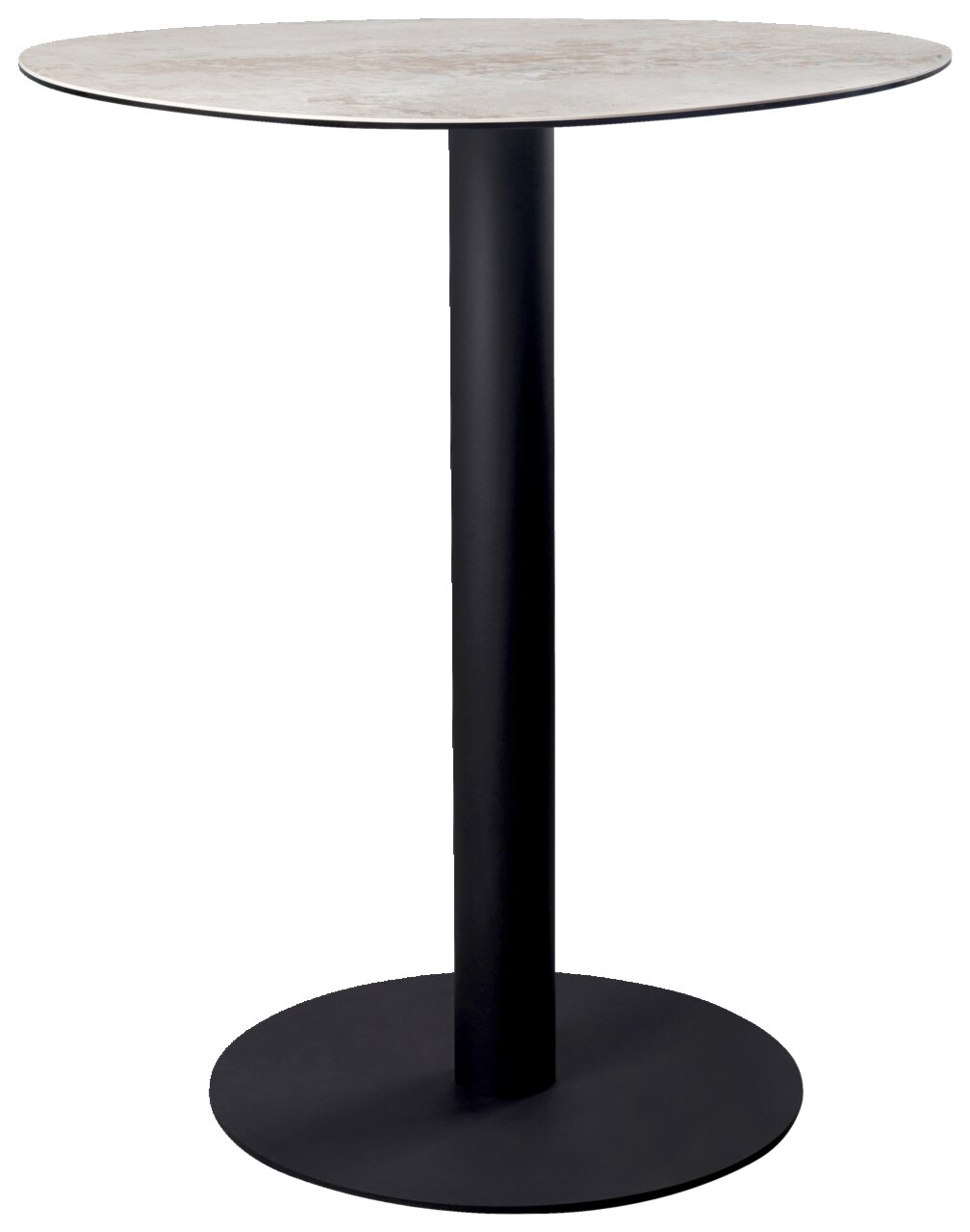 Moderne bartafel met een rond, lichtgekleurd tafelblad en een zwarte, slanke voet, gezien vanaf de zijkant
