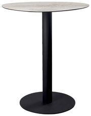 Moderne bartafel met een rond, lichtgekleurd tafelblad en een zwarte, slanke voet, gezien vanaf de zijkant