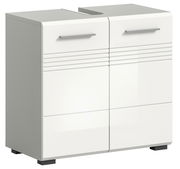 Moderner weißer Waschbeckenunterschrank mit zwei Türen und Griffen, seitliche Perspektive