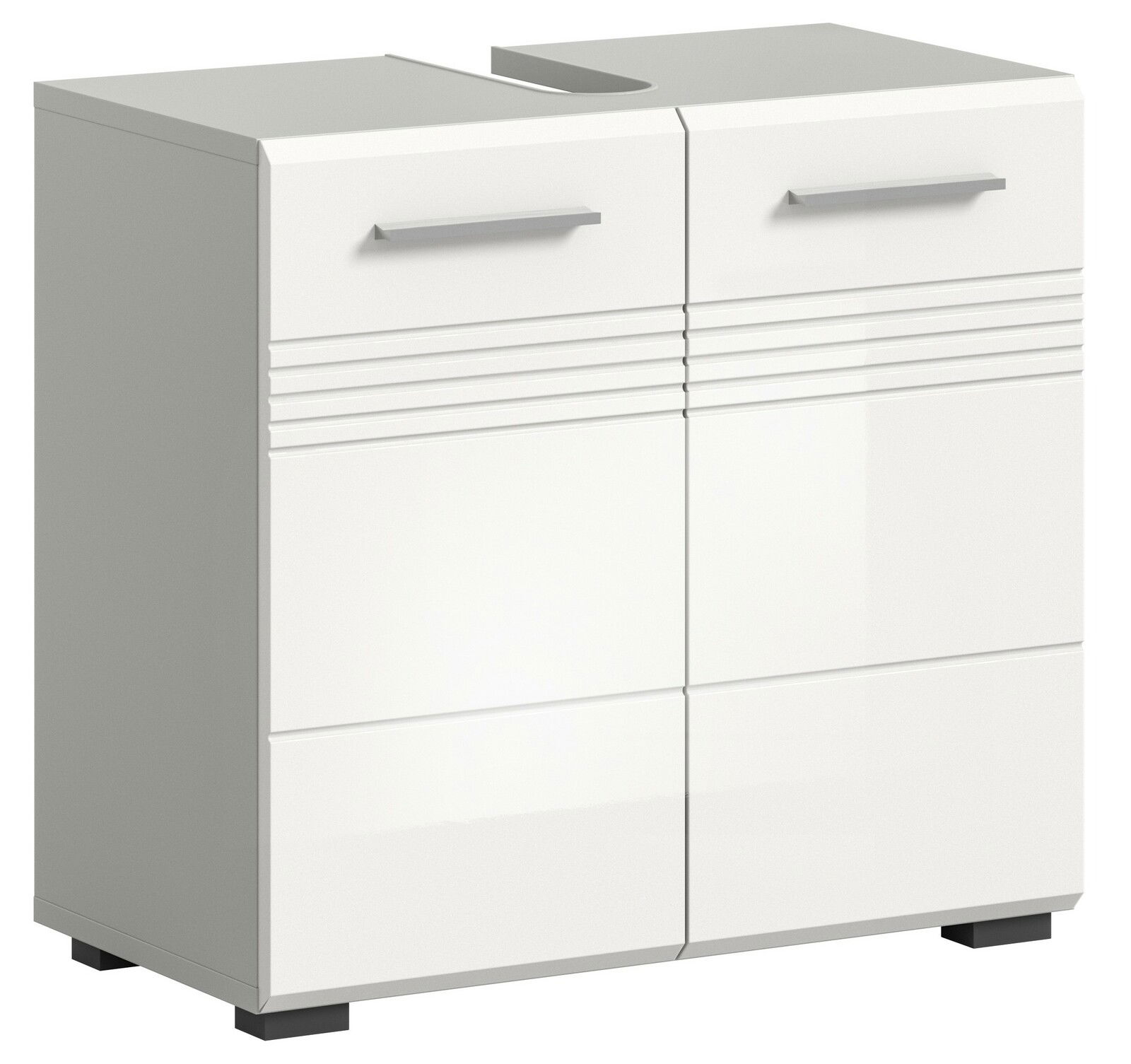 Moderner weißer Waschbeckenunterschrank mit zwei Türen und Griffen, seitliche Perspektive