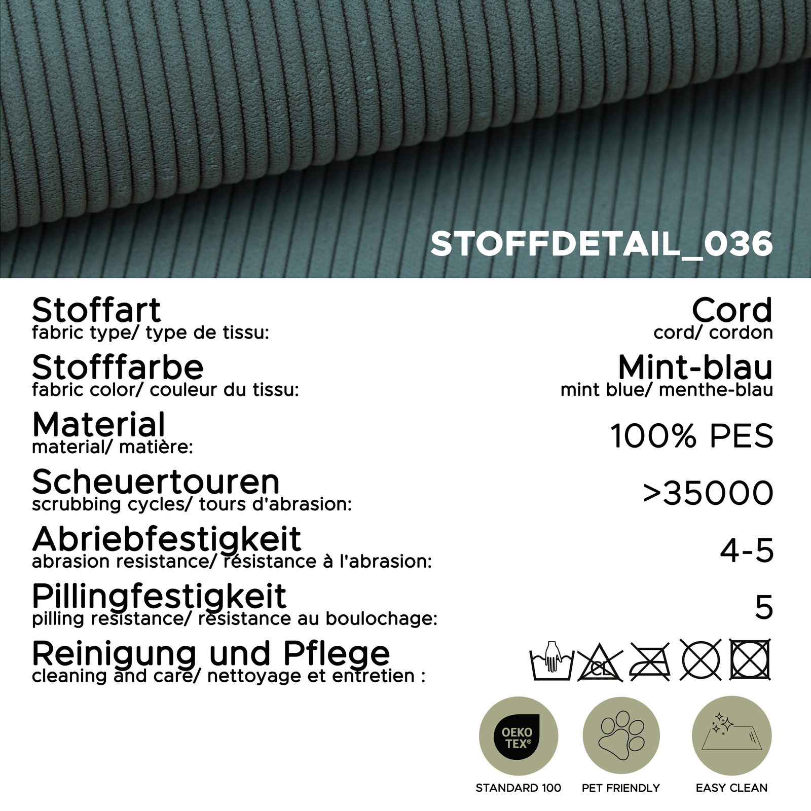 Nahaufnahme eines mint-blauen Cordstoffs, verwendet für ein Schlafsofa, aus 100% PES, mit hoher Abrieb- und Pillingfestigkeit, fotografiert aus der Seitenperspektive.
