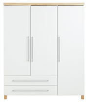 Moderner weißer Kleiderschrank mit drei Türen und zwei Schubladen, Frontansicht