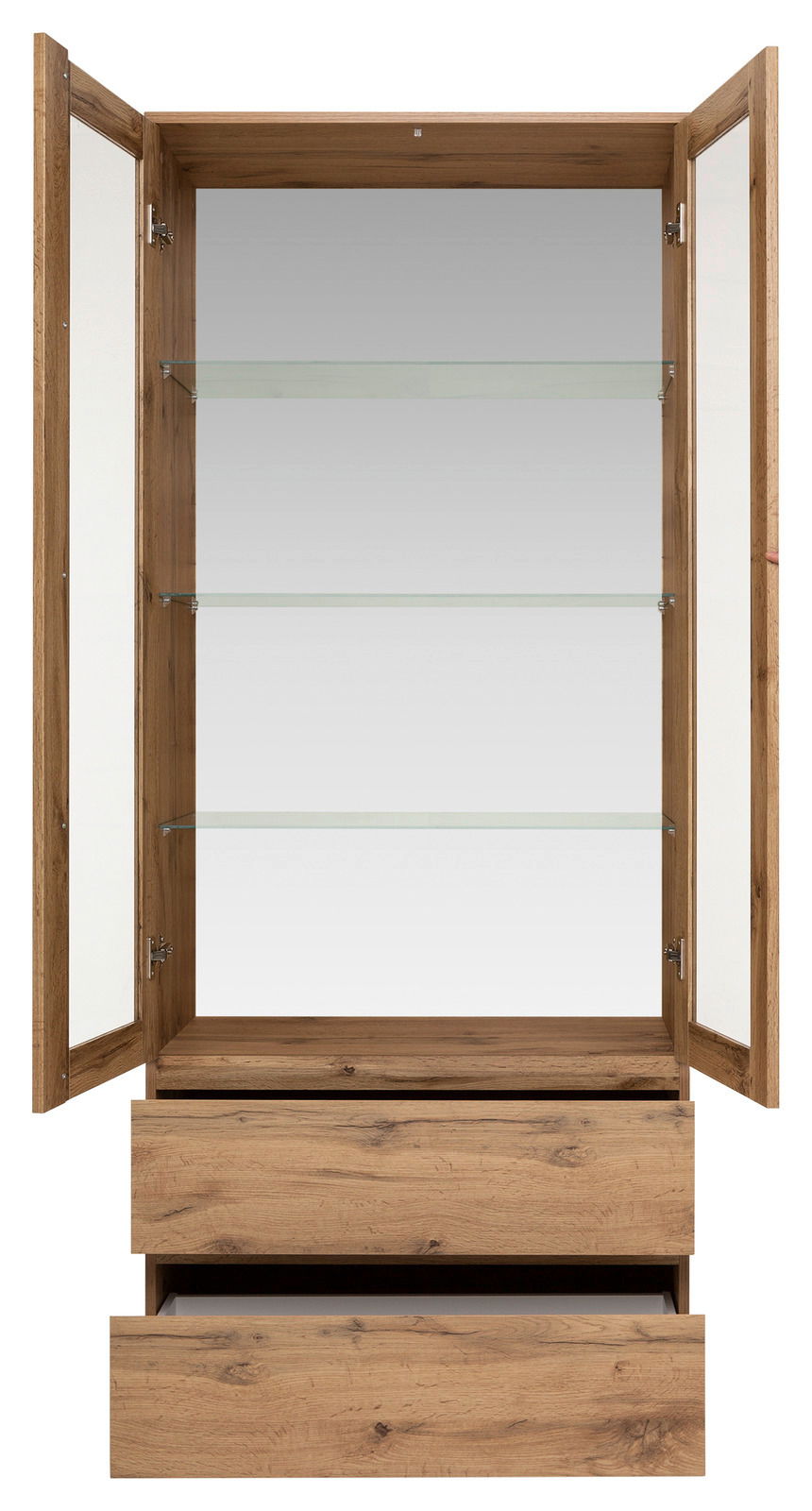 Geöffnete Vitrine aus Holz mit Glaseinlegeböden und zwei Schubladen, frontale Ansicht