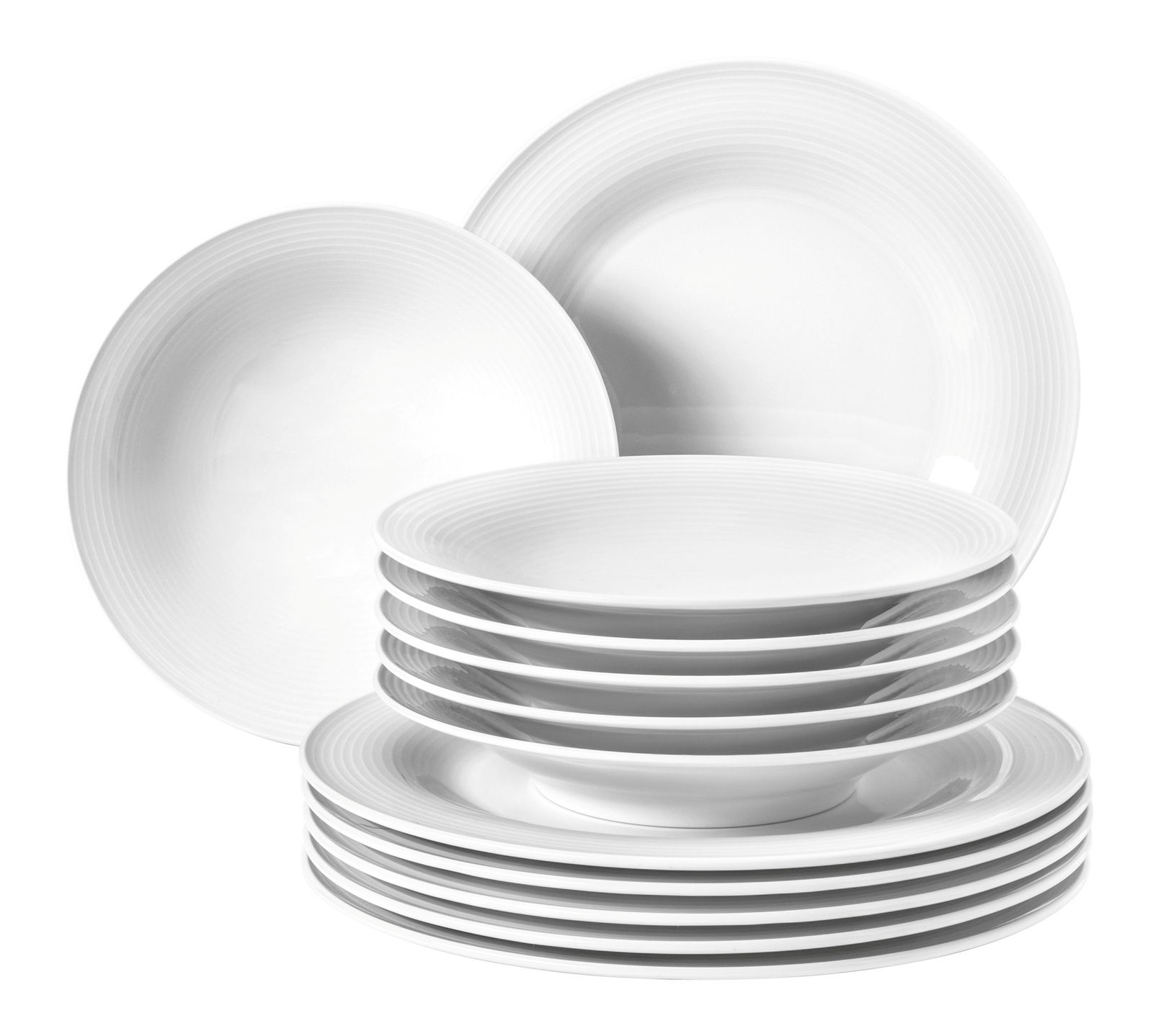 Ein 12-teiliges weißes Tafelset mit einem eleganten, gerippten Design, bestehend aus flachen und tiefen Tellern, in einer gestapelten Perspektive präsentiert.