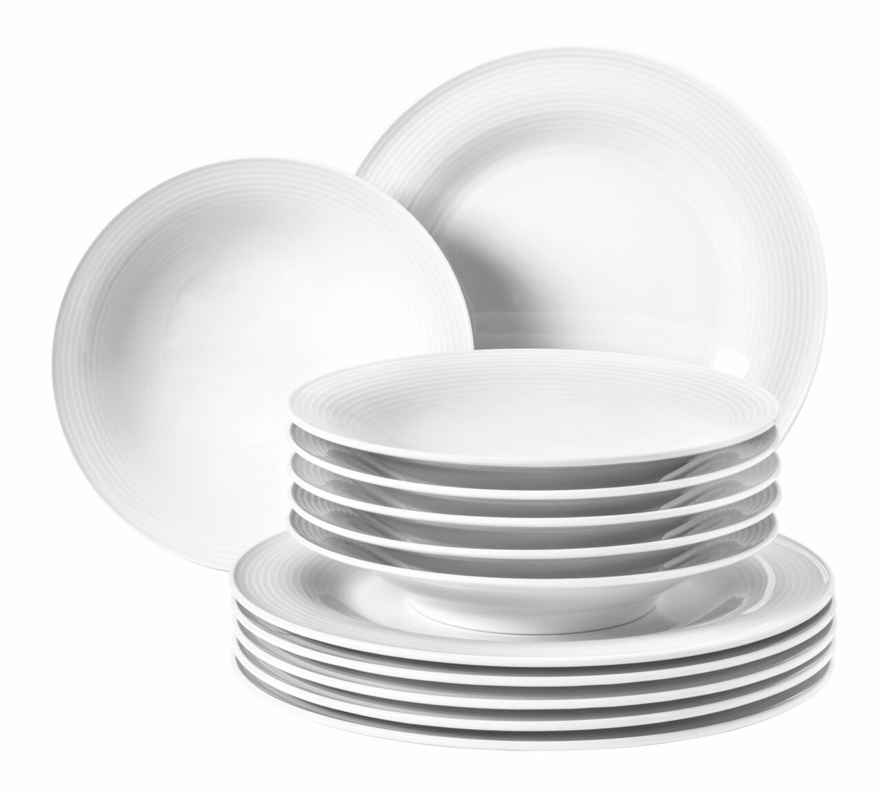 Ein 12-teiliges weißes Tafelset mit einem eleganten, gerippten Design, bestehend aus flachen und tiefen Tellern, in einer gestapelten Perspektive präsentiert.