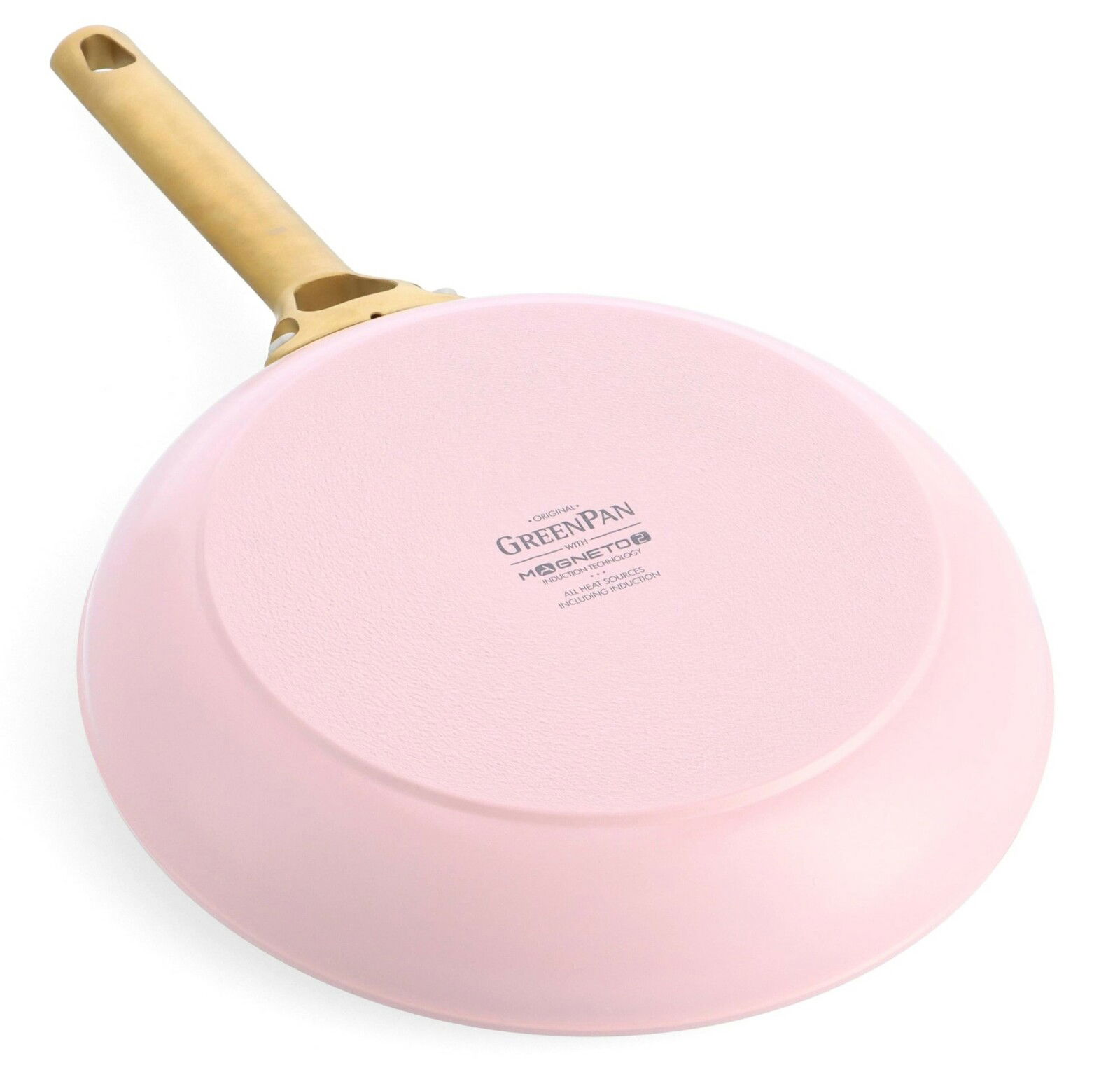 Rosa Pfanne mit goldenem Griff, Ansicht von unten