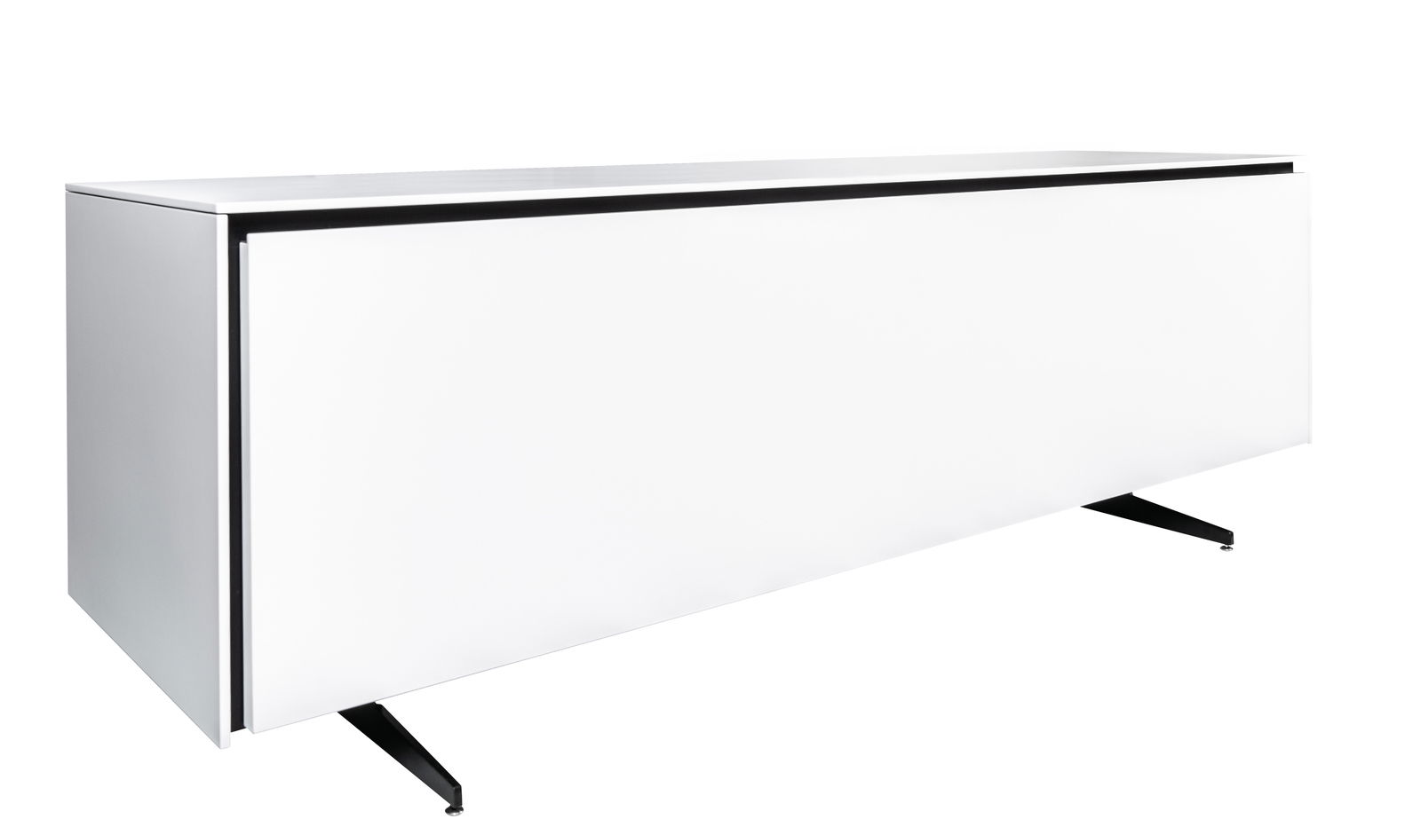 Weißes TV-Element mit schwarzem Akzent, seitliche Perspektive